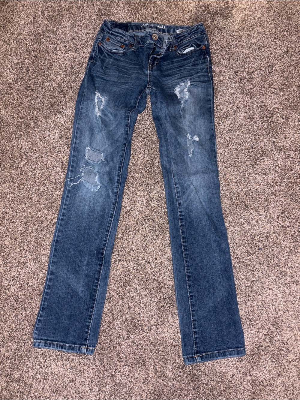 Aeropostale Women's Dark Blue Distressed Straight Leg Jeans